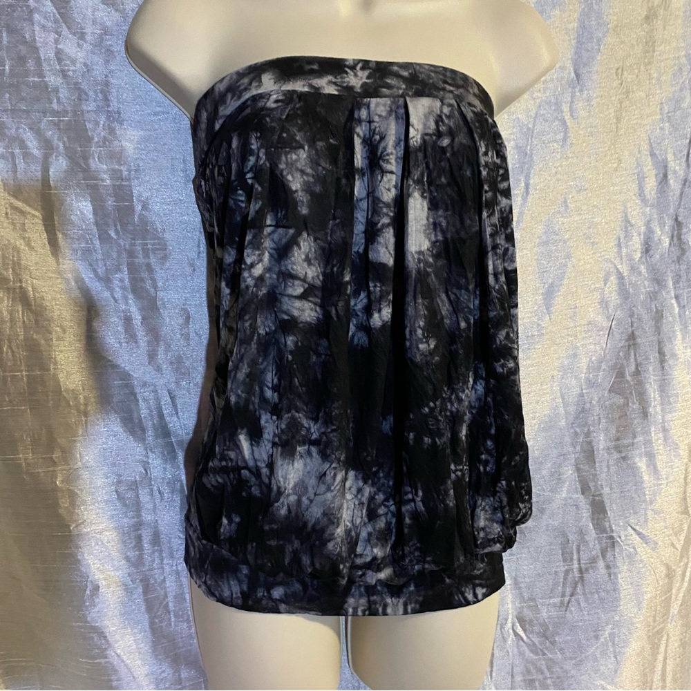 DJT, SZ L blouson style tube top, pleated in front, wide elastic at chest, GUC
